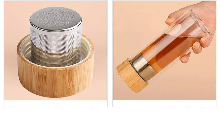 Hot Selling Product 2020 Multifunctional Double Wall Glass Bottle With Bamboo Lid and Phone Holder Tea Infuser