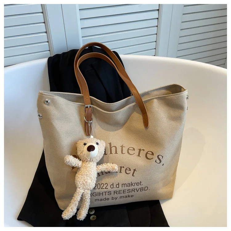 Wholesale Large Canvas Bags DIY Bear Ornament Women 2023 New Fashion Shopping Handbags Ladies Shoulder Leather Handle Tote Bags