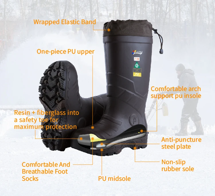 PINNIP quarrying work boots PU shoes waterproof insulation safe work shoes steel toe industrial boots