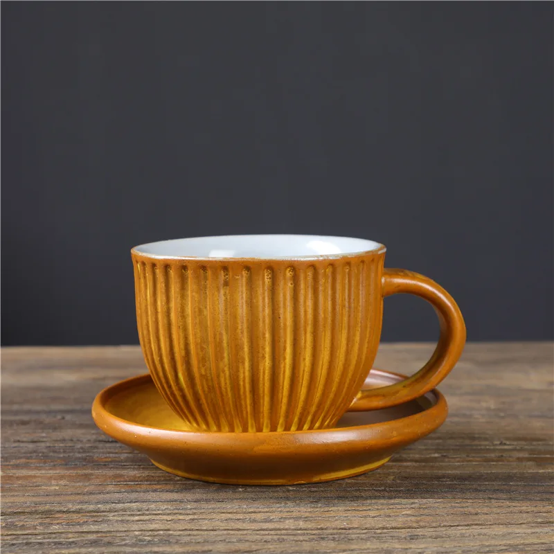 Striped Coffee cup cup and plate set retro high-end milk breakfast cup creative ceramic Mug