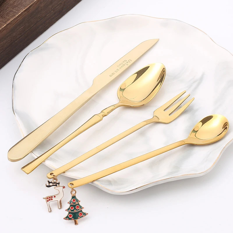 Christmas gift for children Golden stainless steel cut steak cooked meat knife and fork and spoon perfect tableware set