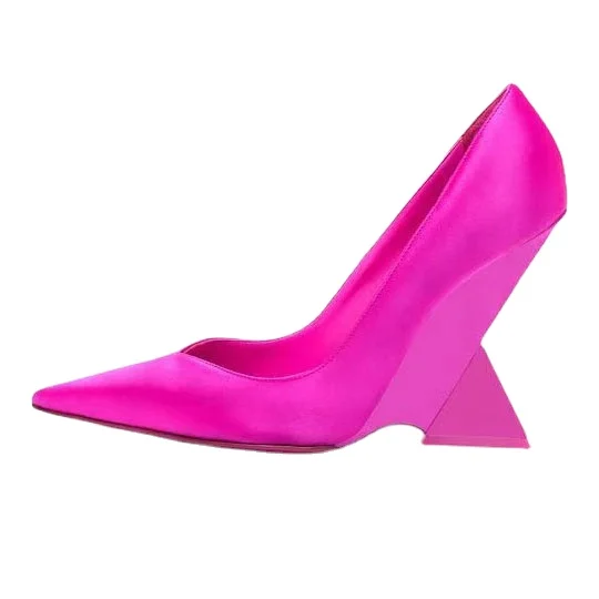2023 New Arrival Hot Pink Satin Dress Shoes Luxury Wedge Heel Pumps ENMAYER Custom Spring Womens Pumps