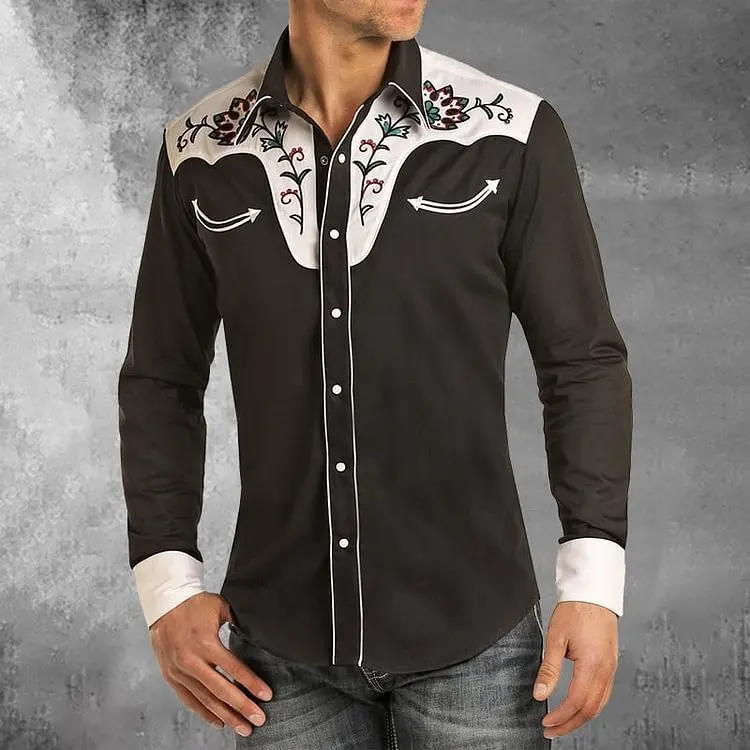 2024 Autumn Western Cowboy Mens Shirts Vintage Skull Flower Printed Button Down Long Sleeve Shirts