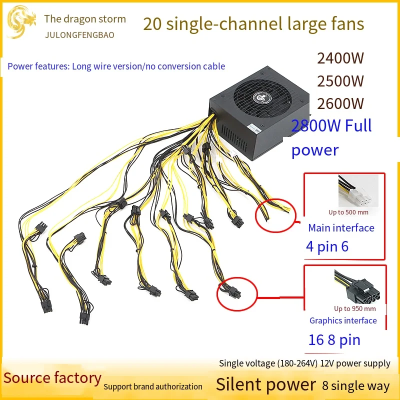 New gold 2000-2600w Silent single channel large fan 10 6pinc19 large male seats stable output Computer power supply