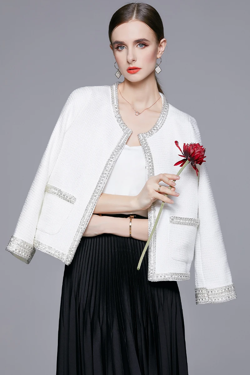 Light luxury heavy industry tweed with cashmere stitching handmade beaded small fragrance all-match coat YYX8200108