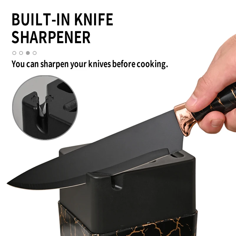 Popular wholesale 8-pcs chef knives scissors cheap stainless steel black handle kitchen knife set with block