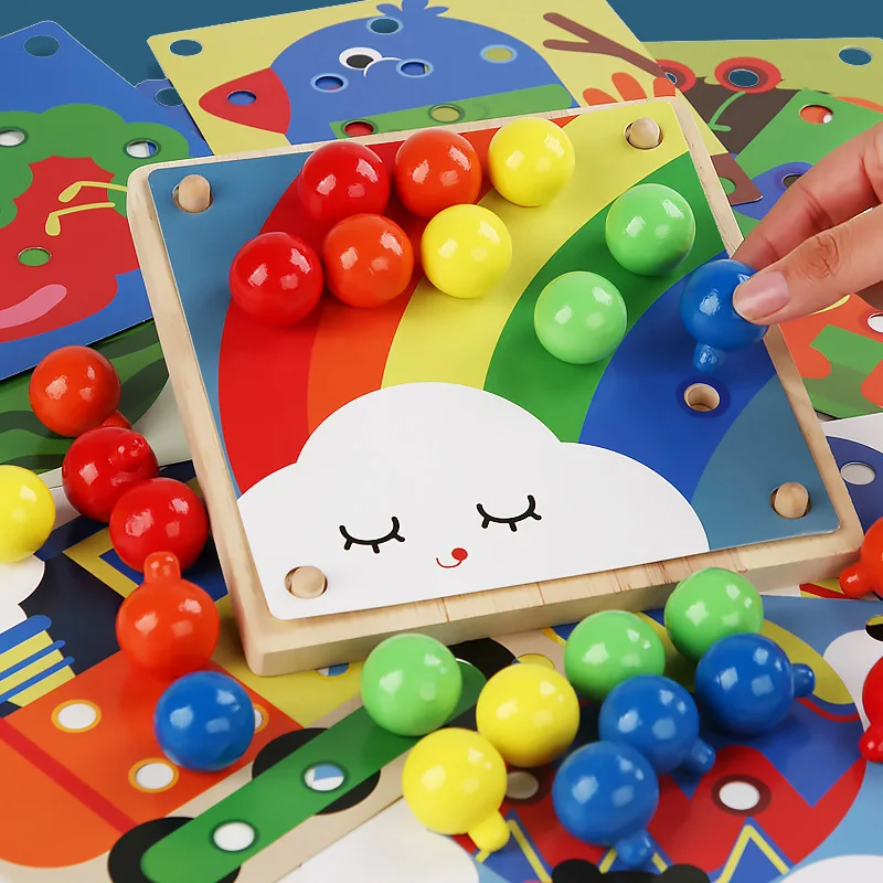 Baby educational Montessori toys Wood Rainbow Mushroom Nails Pegboard Game Other Educational Drawing Toys For Kids