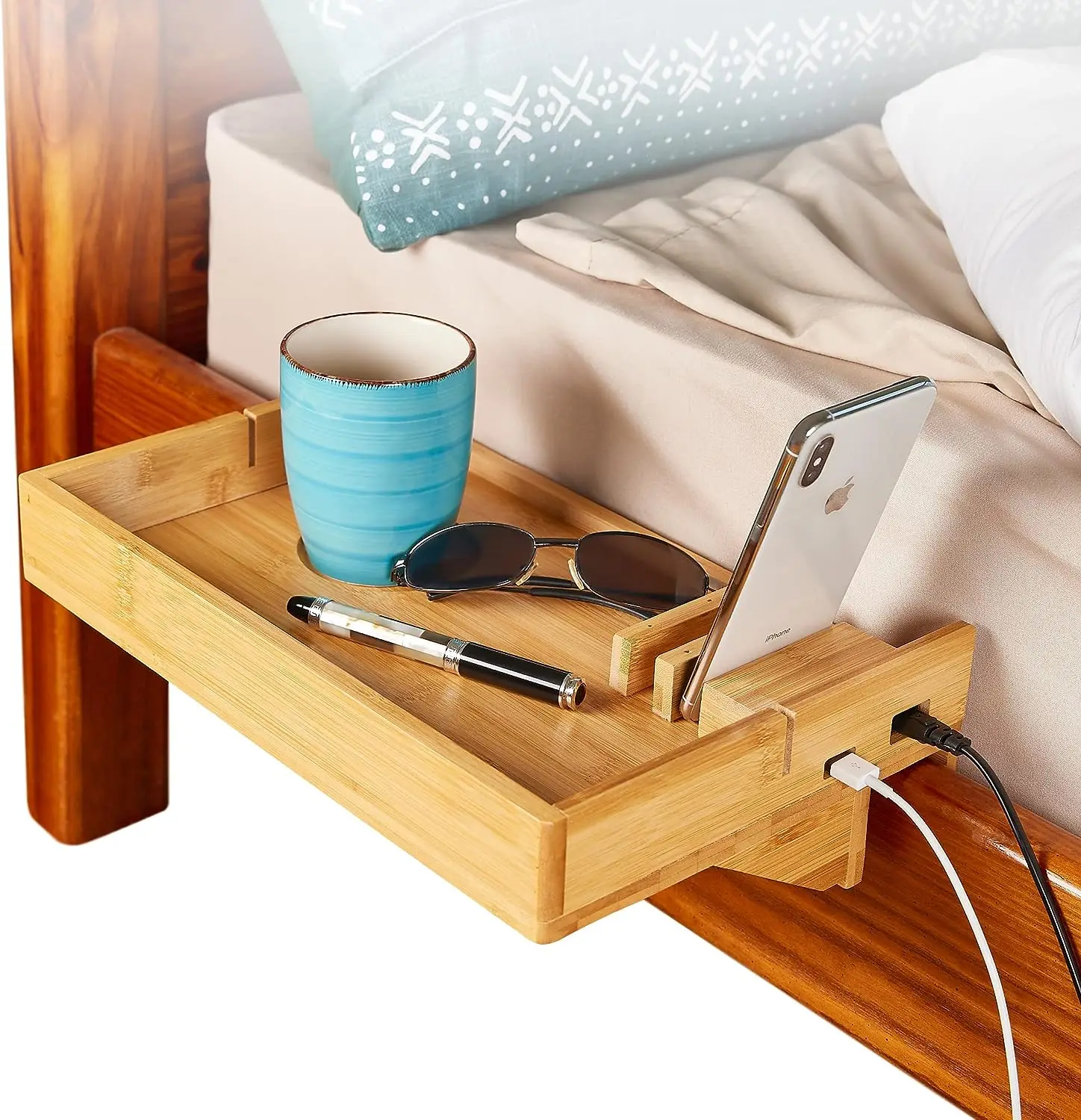 College Dorm Room Essentials Bamboo Removeable Bedside Tray Bed Table Organizer Bunk Bedside Bamboo Shelf With Usb Ports