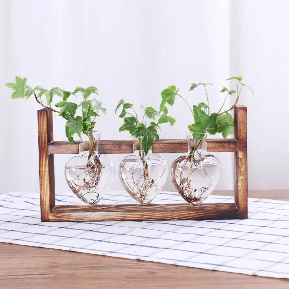 Hanging Glass Tabletop Flower Vase Plants Hydroponic Pot w/ 3 Beaker& Wood Stand