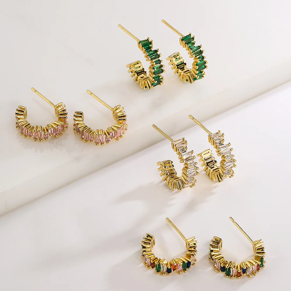 New Products Designer Ins Light Luxury Gold-Plated Zircon C-Shaped Hoop Earrings Shining Green Crystal Cz Zircon Earrings