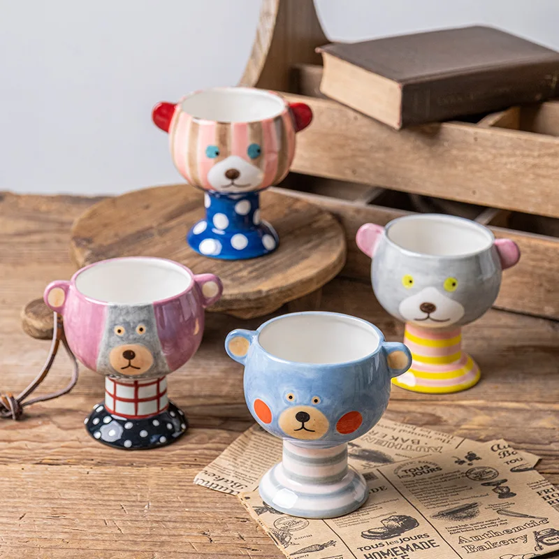 3D Cute Cartoon Ins Creative Bear Shape Ceramic Goblet Dessert Mug Hand Painted Ceramic Ice Cream Cup