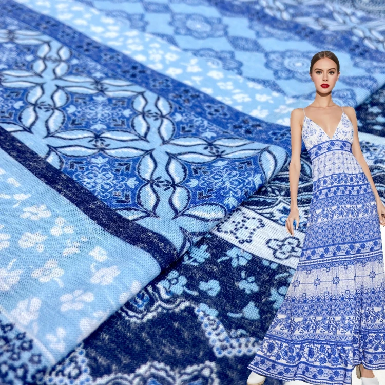 Fancy bohemian style 15% linen 85% polyester soft custom printed 135GSM single jersey fabric for lady dress