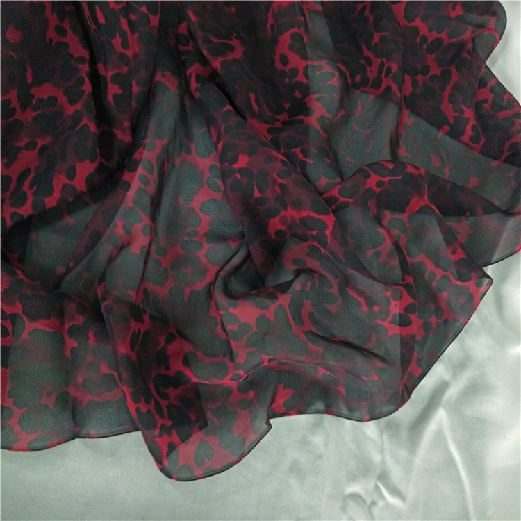 6MM 8MM chiffon silk fabric hand screen printed spring autumal red leopard