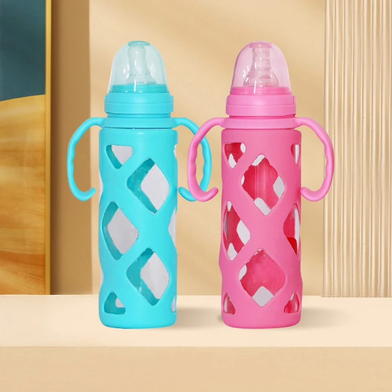 Custom 240Ml Baby Feeding Glass Milk Bottle With Silicone Protective Cover Glass Baby Bottle