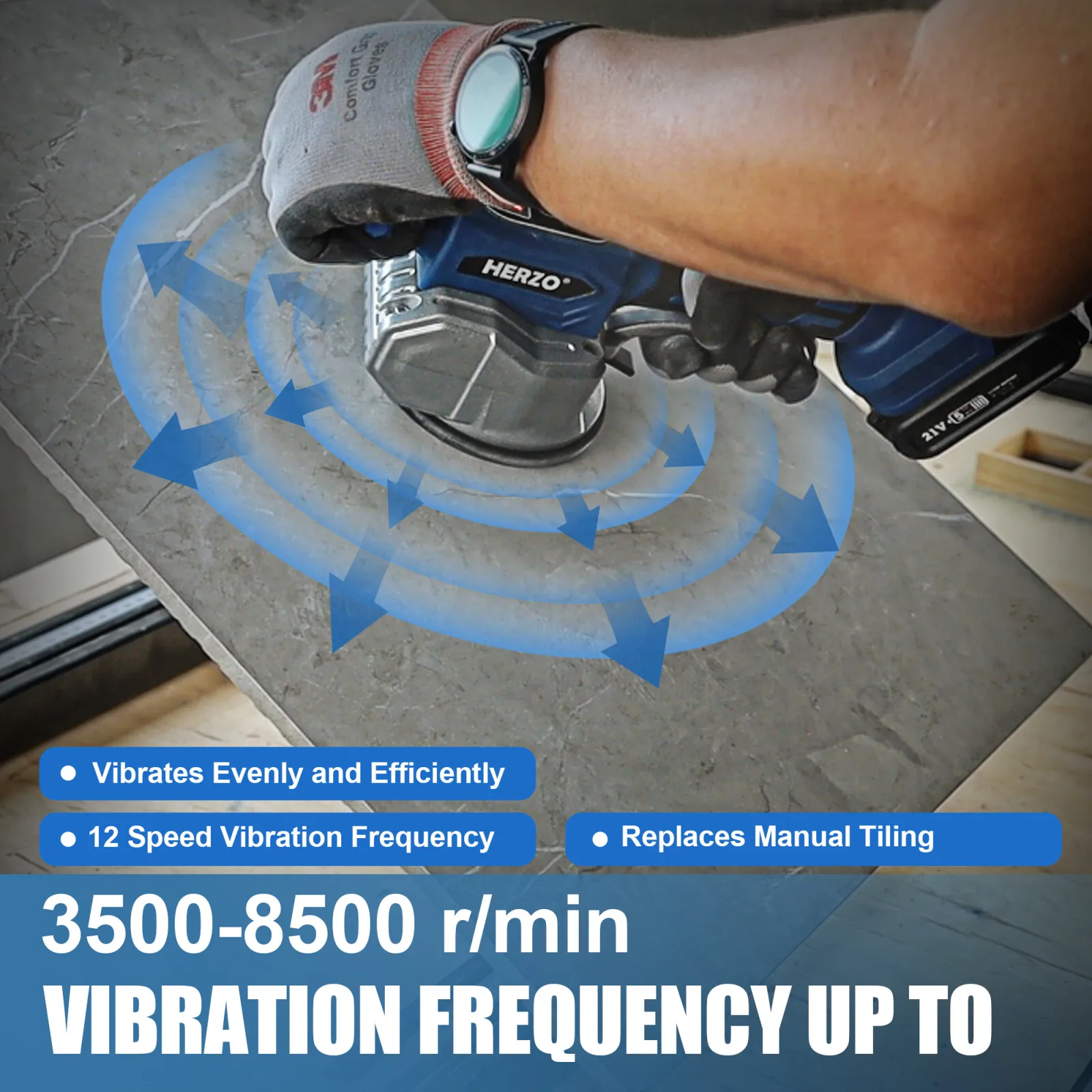 HERZO Electric Tile Laying Vibrator Machine Portable 20V Battery Operated Tile Leveling Vibrating Machine for Tiles