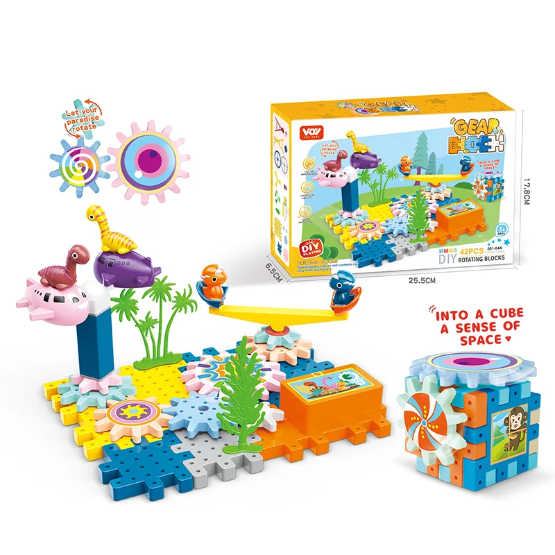 Creative cartoon dinosaur Windmill gear building block park 2 in 1 light music children DIY educational toys 2024