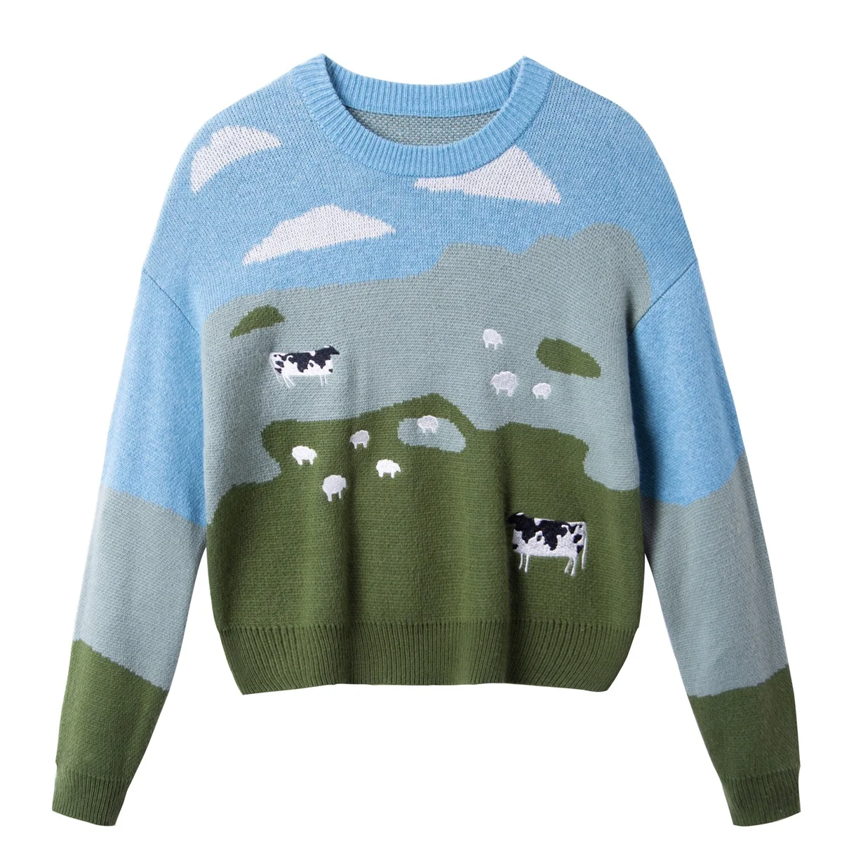 wholesale women embroidered cow sheep animal knitwear pullover knitted top ladies cloud jumper custom logo embroidery sweater