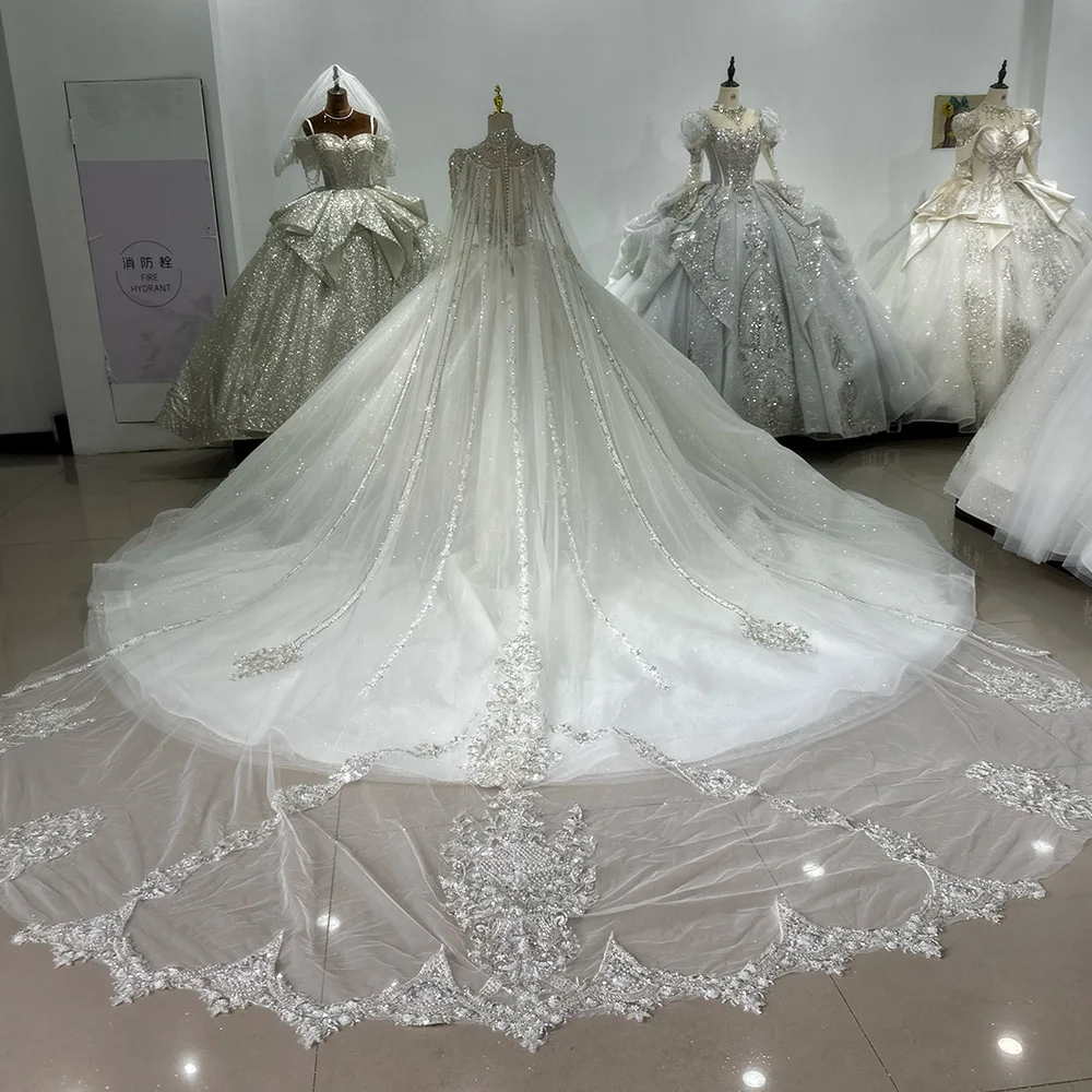White Ball Gown Princess Wedding Dresses O Neck Long Sleeves Vestido De Novia Lace Sequined Xs060