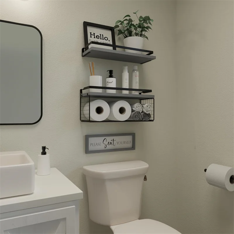2024 Floating Shelves with Wall Bathroom Shelves Over Toilet with Wire Storage Basket Wooden Wall Shelf