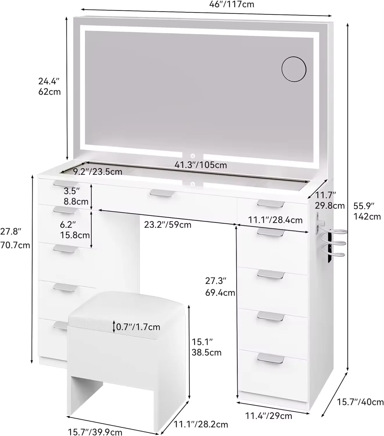 Vanity Desk Set with Large LED Lighted Mirror Power Outlet Glass Top Vanity with 11 Drawers and Magnifying Glass