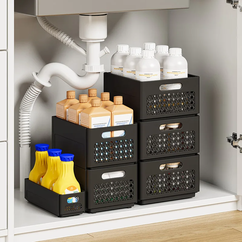 Home Kitchen Deep Storage Cabinets Right-Angle Retractable Organizing Boxes Plastic Tabletops Storage Baskets Cosmetics
