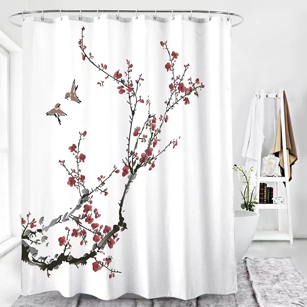 Green Plant Flower Shower Curtain Chinese Watercolor Painting Plum Blossom Trees Bath Decor