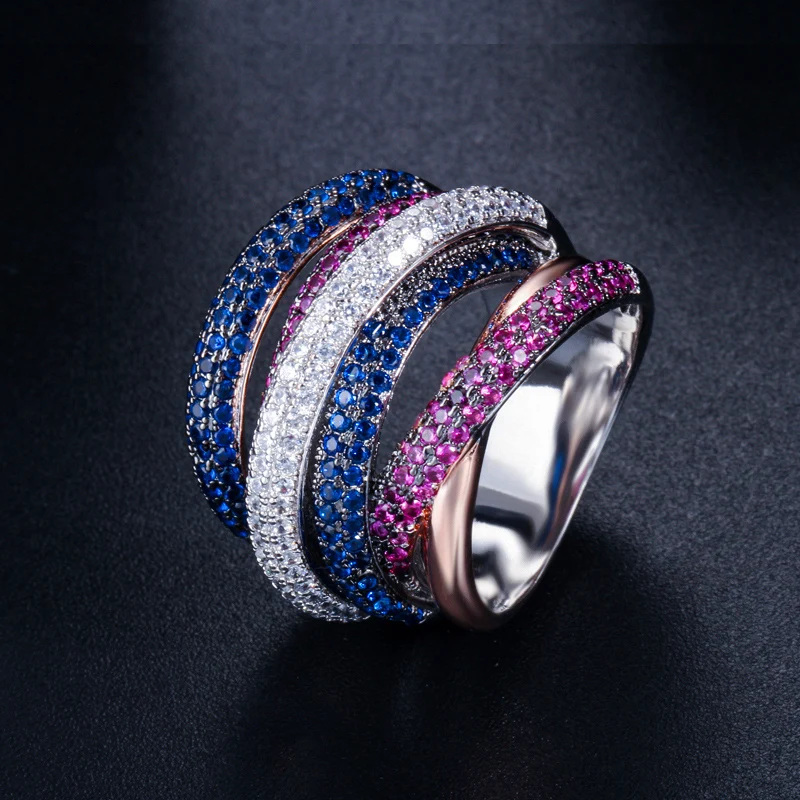 Multi Layer Twisted Circles Colorful Cubic Zirconia Black Gun Plated Chunky Hip Hop Big Ring for Women Engagement Jewelry