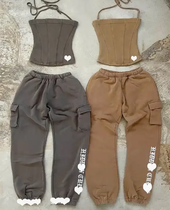 Wholesale Street Wear Women Acid Wash 3d Pocket Cargo Pants Halter Corset Zip Up Cropped Hoodie 3 Piece Set Women