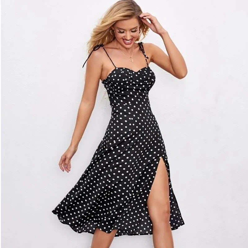 Women Midi Dress Casual Dresses Simple Factory Wholesale Polka Dot Spaghetti Strap Sleeveless Sexy Summer Split Thigh Polyester