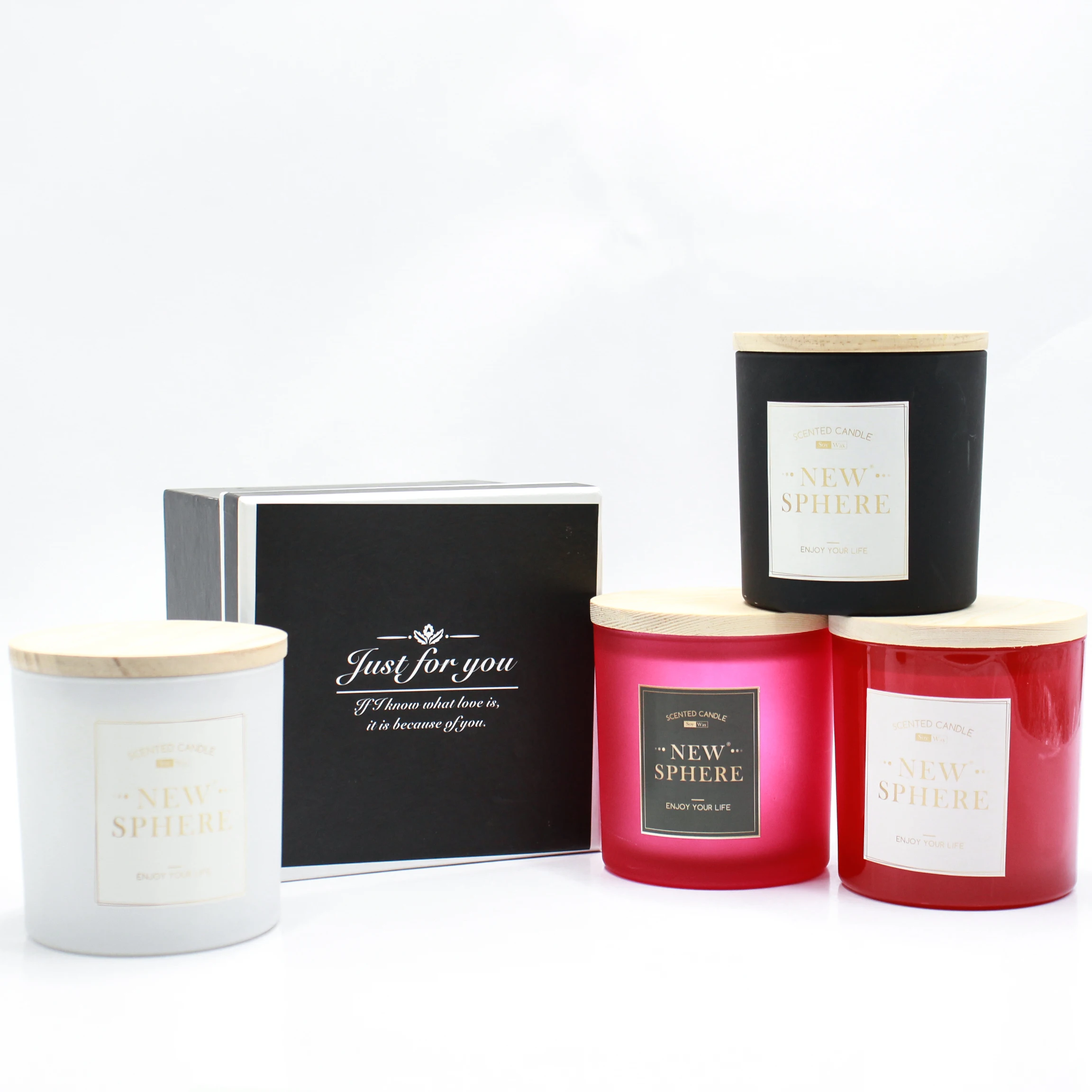 12oz Bolk Custom Morden Frosted White Red New Design Black Glass Wooden Jar Candle Luxury Metal Lids