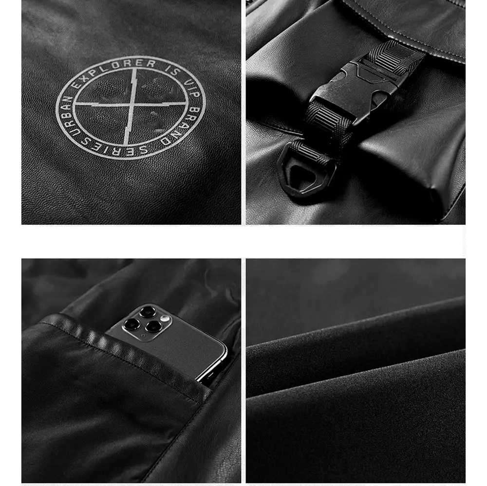 cropped oversized black leather custom varsity jacket Multi Pockets Jacket PU Leather Zipper stylish leather jacket for men