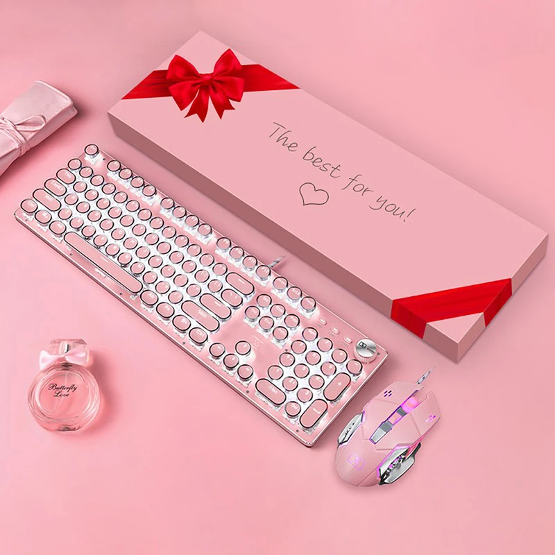 Full-Size Ergonomic USB Wired keyboard and Mouse Combo RGB Backlit Typewriter Gaming Keyboard Retro Pink Mechanical Keyboard