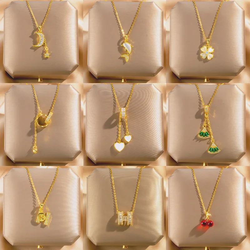 Vershal VSB-101 Cute Trendy Hot Sale 18K Gold Plated Stainless Steel  Multiple Shape Pendant Zircon Necklace