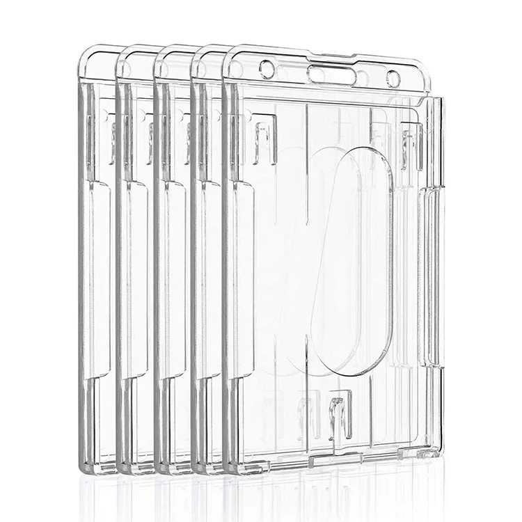 X909-1 Vertical 2 Dual Credit Card Holder Protector Cover Id Card Double Hard Plastic Portable Work Card Holder With Thumb Slo