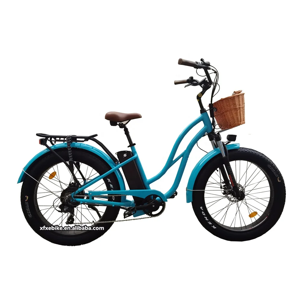 Stock Retro 48V 500W/750W/1000W Beach Cruiser Electric Bike 26*4.0 Inch Fat Tire Step Through Electric Bicycle With Basket Ebike