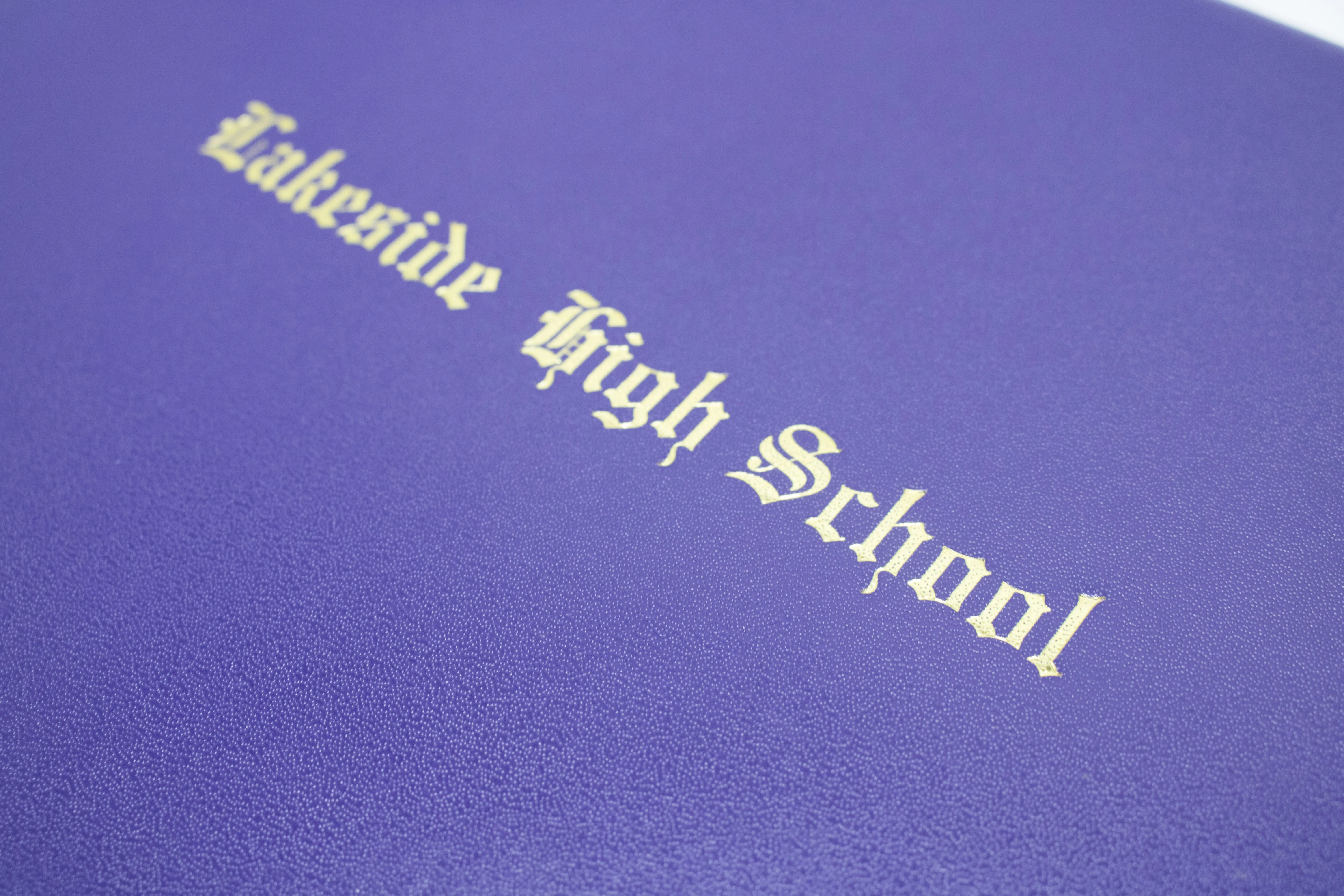 Purple Diploma Cover for A4 Certificate Insert, Smooth Leatherette, Custom Gold Stamping Logo