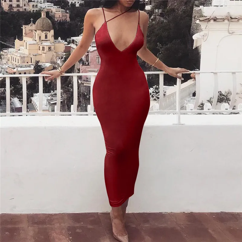 Women V-neck Halter Strap Long Dress Solid Color Tight Girl Night Dress