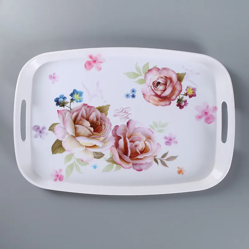 Wholesale Custom Flower Printing Melamine Plastic Serving Tray With Handle