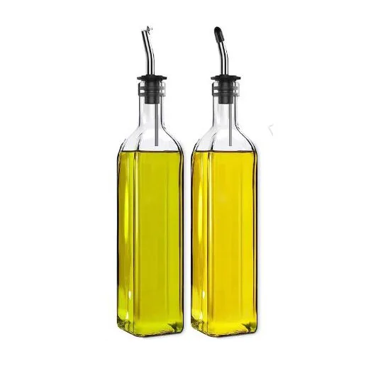 Glass Olive Oil Dispenser and Vinegar Dispenser Set with 2 Stainless Steel Pourers/Oil Bottles for Kitchen