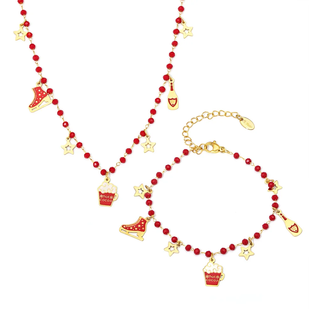 Festive garnet beaded geometric element drop oil necklace pendant stainless steel necklace bracelet set