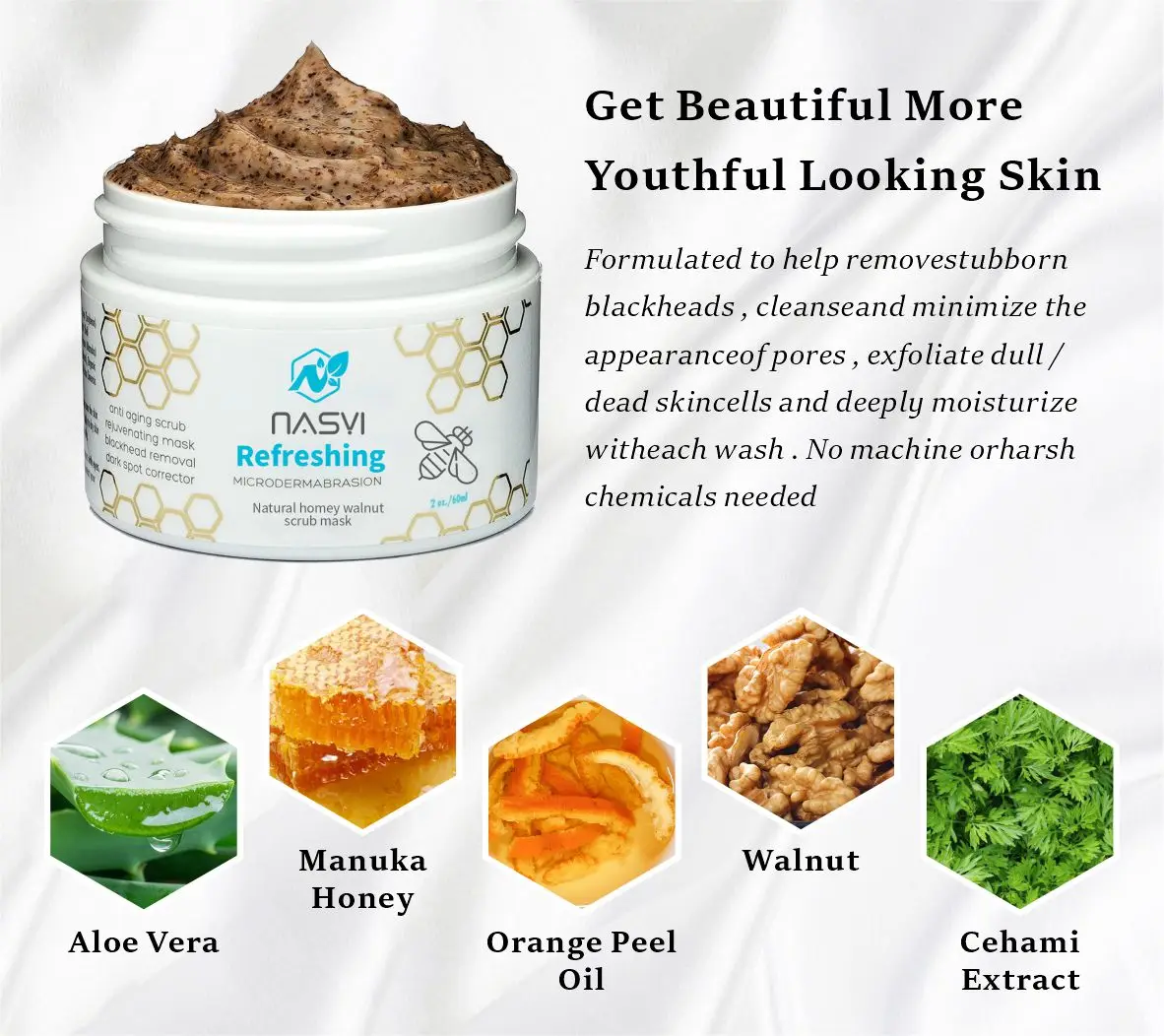 Best Selling Nasyi Private Label Natural Vegan Face Mask Pore Shrink Microdermabrasion Honey Walnut Facial Scrub Facial Mud Mask