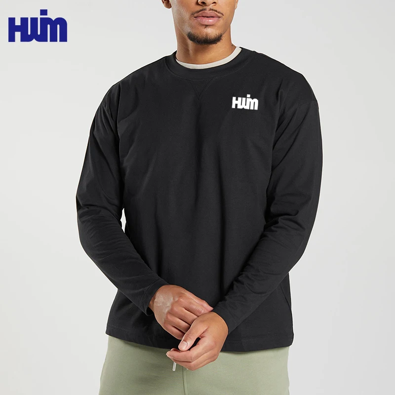 100% Cotton Heavyweight Oversized Laidback Styles Men Running Shirt Custom Logo 220G Ribbed Collar Long Sleeve Tee Shirt