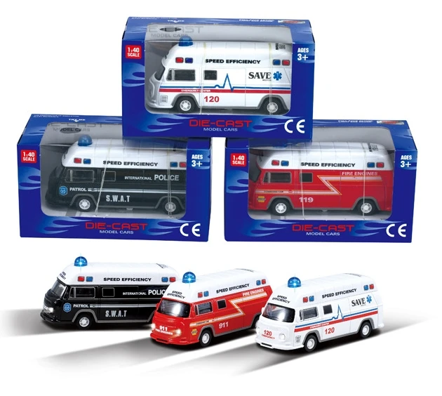 1:40 Metal Ambulance Police Fire Truck Pull Back Diecast Vehicle Model Car Toy