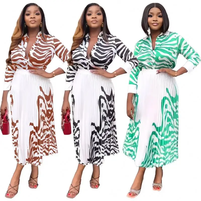 Women Set Casual Street Wear Long Sleeve shirt And A-line Pleated Skit Matching Suit 2 Piece Set Outfit African Women