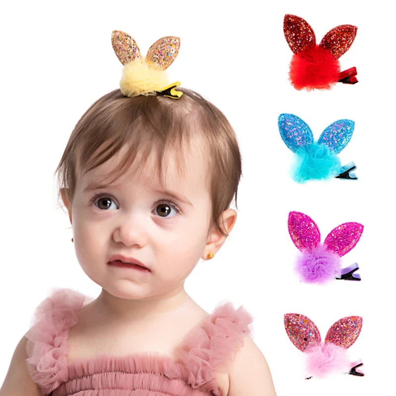 Милые блестящие заколки для волос с кроличьими ушками, детские заколки для волос, кружевные заколки для волос с шариками для девочек, аксессуары для волос