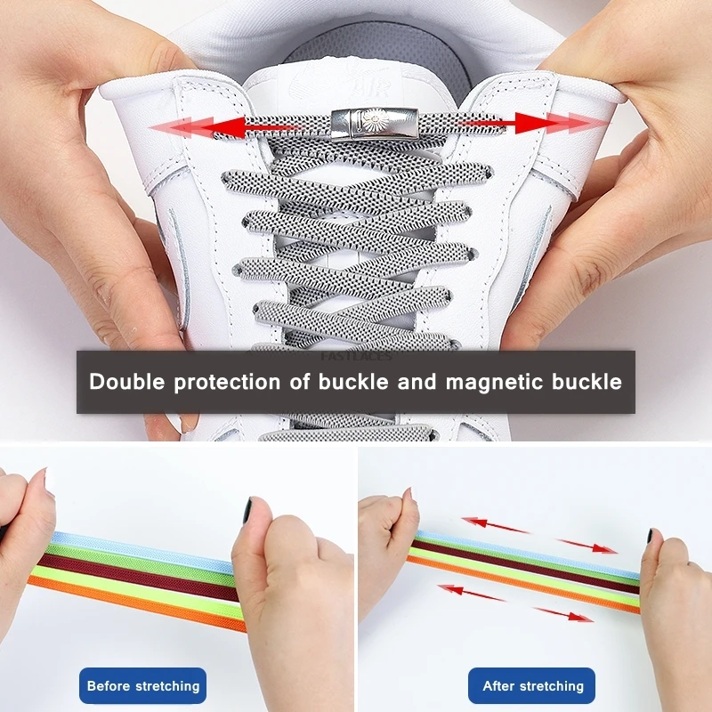 Flat Athletic No Tie Lazy Elastic Shoelaces Magnetic metal wire lock Shoe Laces Kids Adult Unisex Sneakers Lazy Shoe Laces