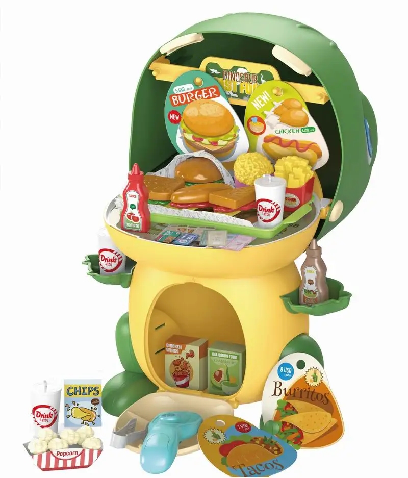 2022 Kids Play Kitchen Pretend Play Set Toys 2 in 1 Cartoon Dinosaur Fast Food 53 PCS Kitchen Accessories Plastic Kitchen Toys