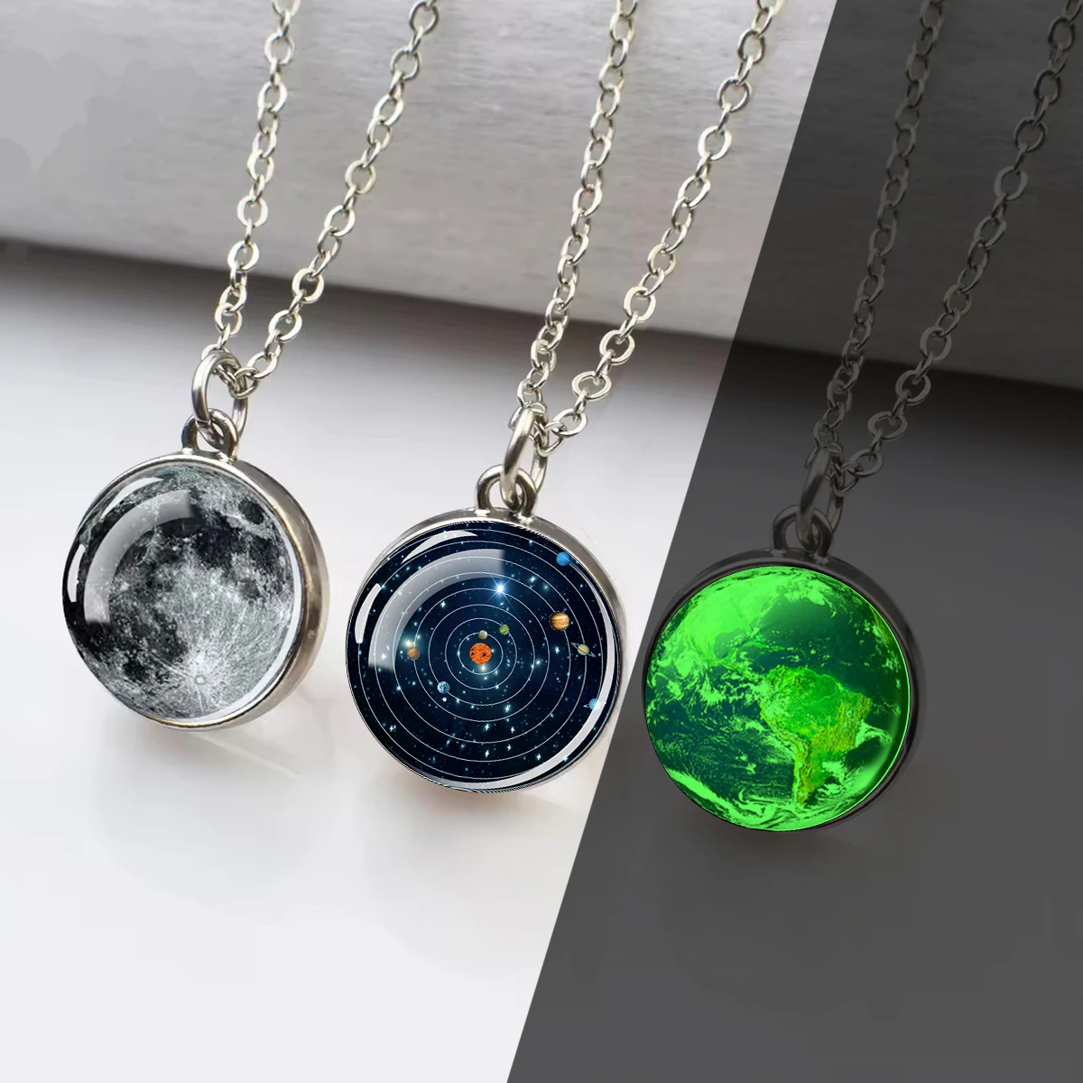 Luminous Solar System Planet Silvery 20MM Glass Ball Pendant Jewelry Moon Jupiter Neptune Sun Stainless Steel Milky Way Necklace
