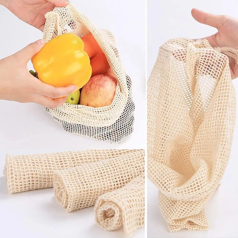 Cotton Mesh Bags with Drawstring for Fruit and Vegetables Storage Reusable Produce Net Mesh Drawstring Bag for Grocery