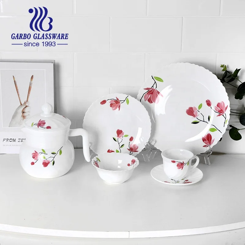 Full Decal Round Opal Glass Dinner Plate 10.5 inch Wide Rim Plates for Hotel Restaurant Cafe and Home OEM Opal Glass Dinnerware